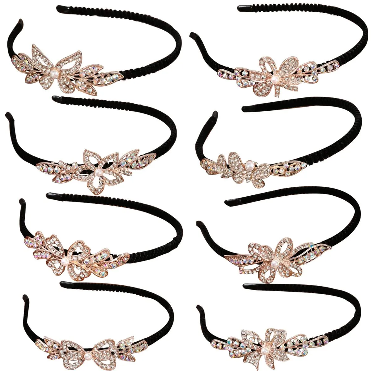 FZBNSRKO Crystal Headbands for Women, 5 Pack Pearls and Metal Butterfly Flower Head Bands for Wedding or Flower Girl (Random Color)