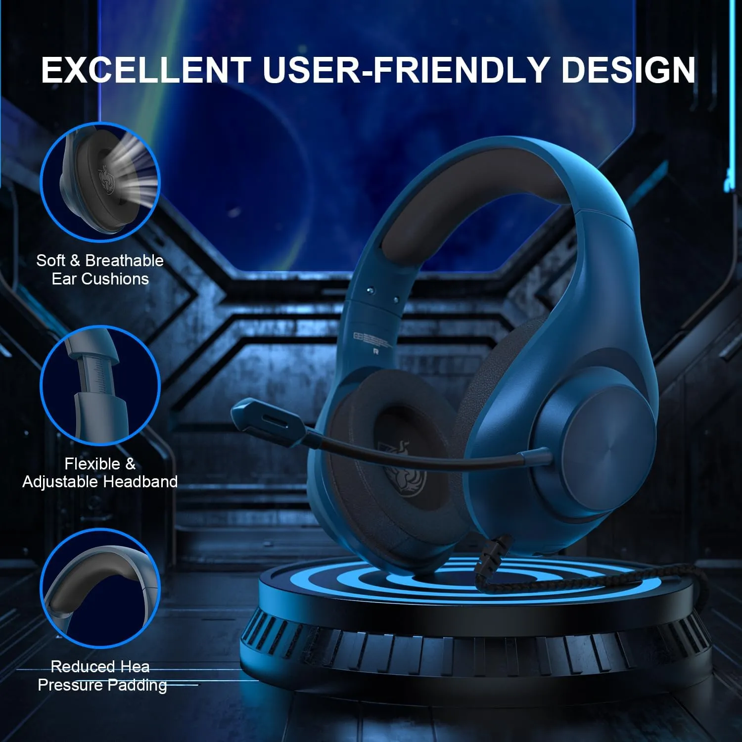 Gaming Headset for PS5 PS4 PC, Wired Headsets with 7.1 Surround Sound, H-7 Gaming Over Ear Headphones with Noise Cancelling Flexible Mic Memory Earmuffs, for PC/PS5/PS4/XboxSeries X/S/SwitchBlue
