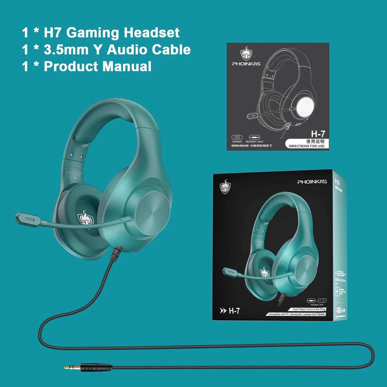 Gaming Headset for PS5 PS4 PC, Wired Headsets with 7.1 Surround Sound, H-7 Gaming Over Ear Headphones with Noise Cancelling Flexible Mic Memory Earmuffs, for PC/PS5/PS4/XboxSeries X/S/SwitchGreen