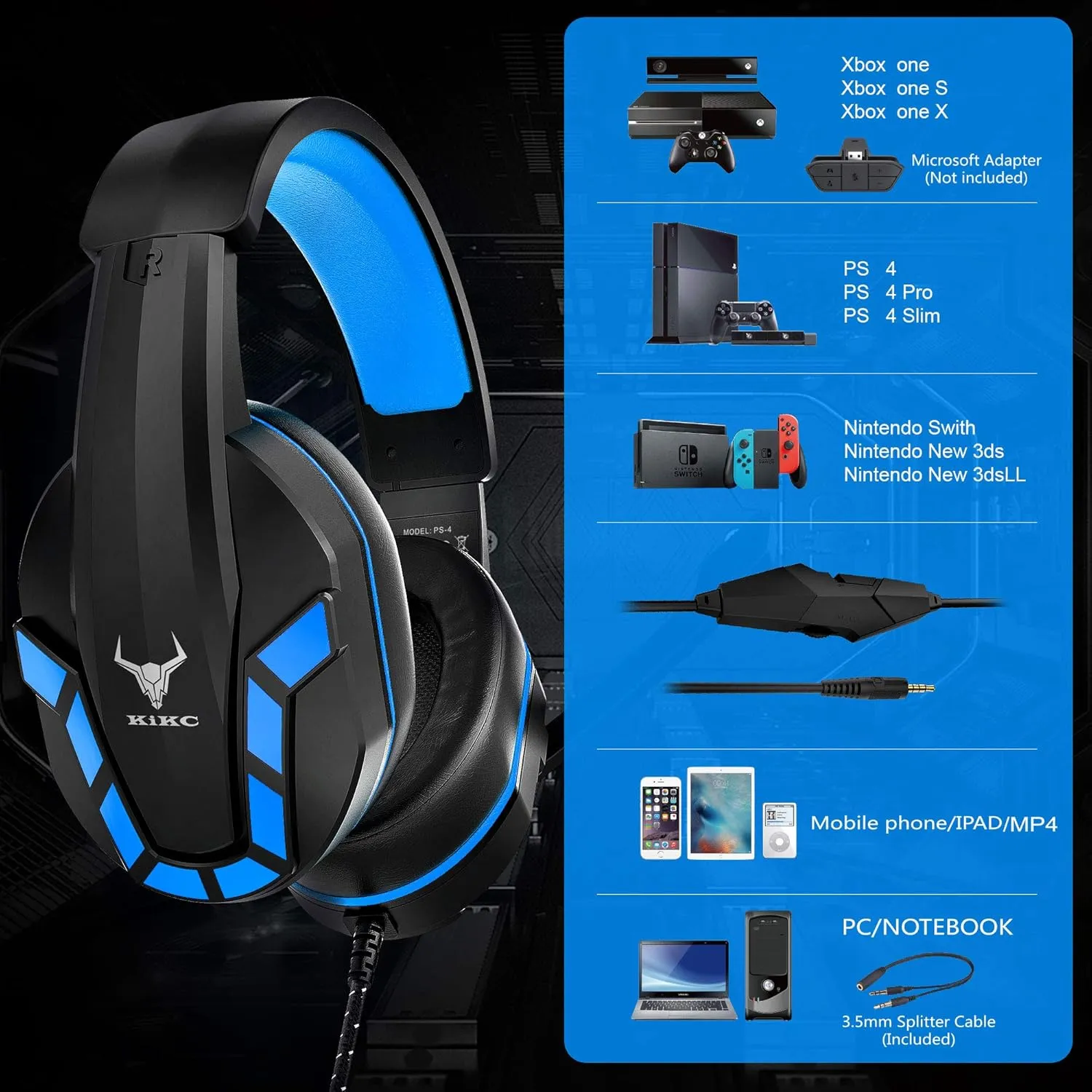 Gaming Headset with Mic for PS4, PS5, Xbox, PC, Switch, Controllable Volume Gaming Headphones with Soft Earmuffs for Mobile Phone, iPad, and Notebook, 40mm Drivers, 3.5 mm Audio Jack-Blue