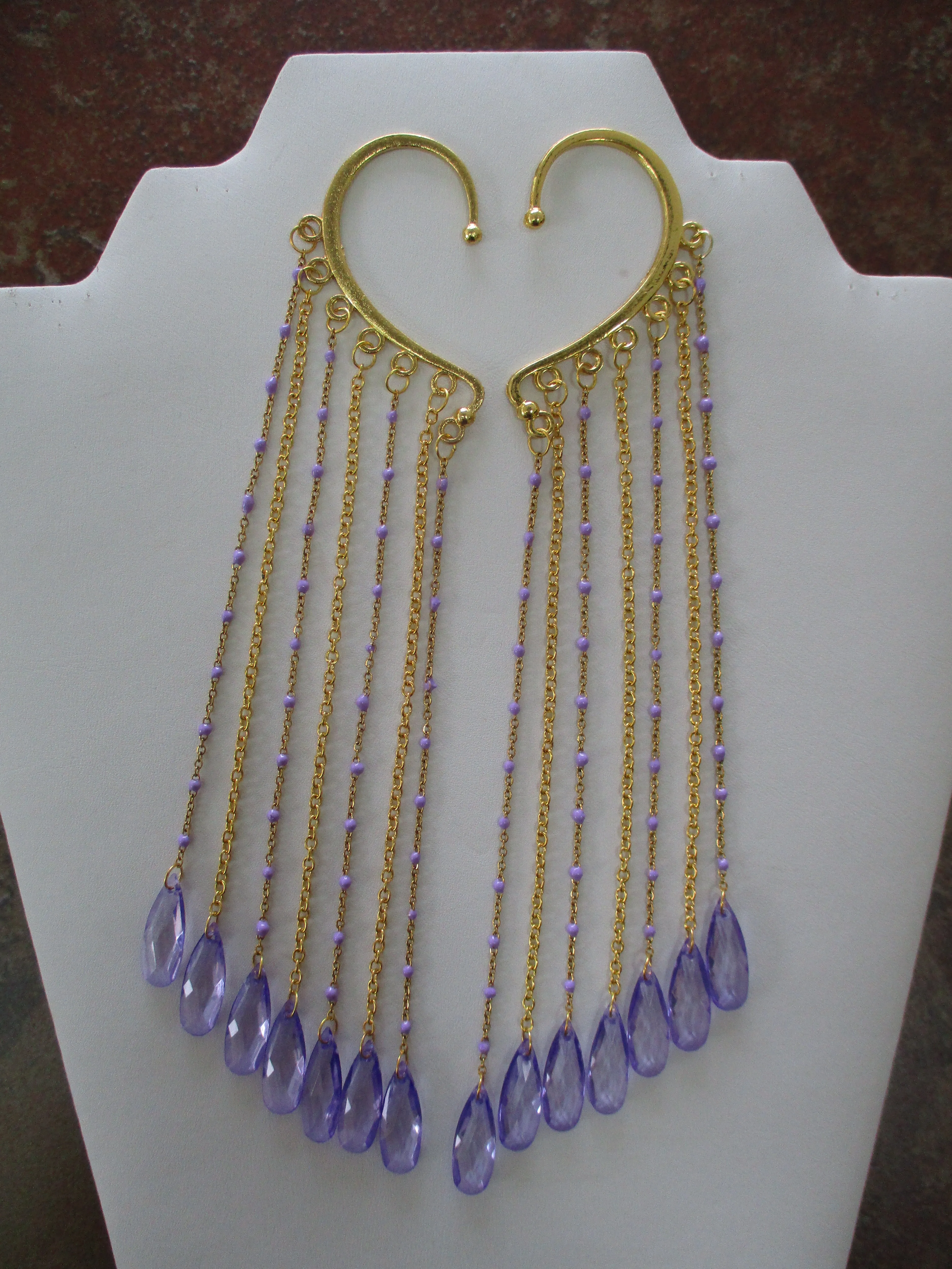 Gold Chain, Gold Purple Chain. Purple Acrylic Flowers Pair Ear Cuffs (EC118)