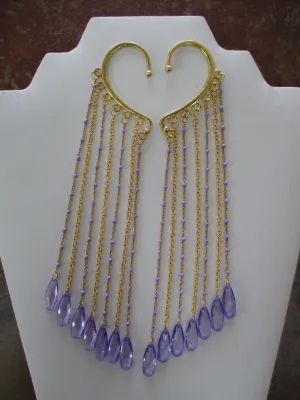 Gold Chain, Gold Purple Chain. Purple Acrylic Flowers Pair Ear Cuffs (EC118)