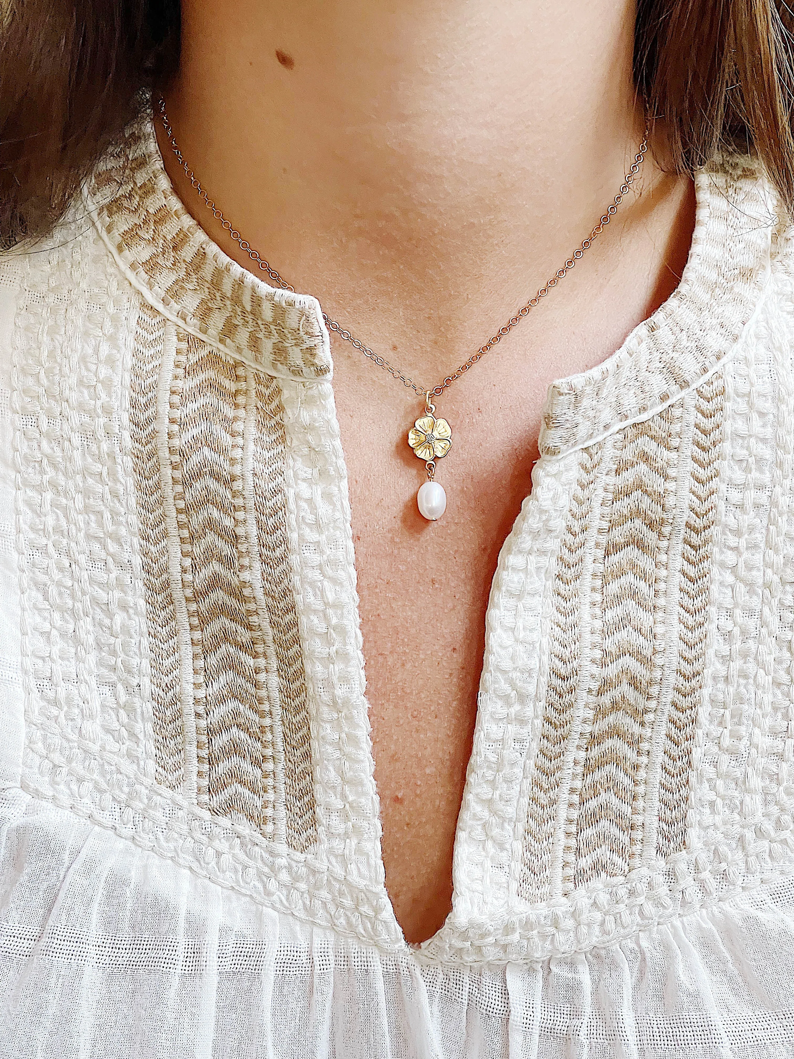 Gold Flower and Pearl Necklace