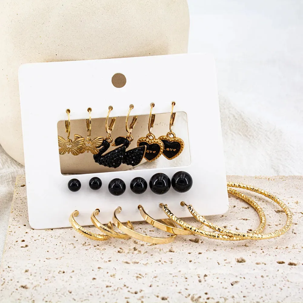Gold Plated 9Pair Black Heart & Duck Shape Stud And Hoop Earrings Set Aluminum Hoop Earring - Pair Of 9