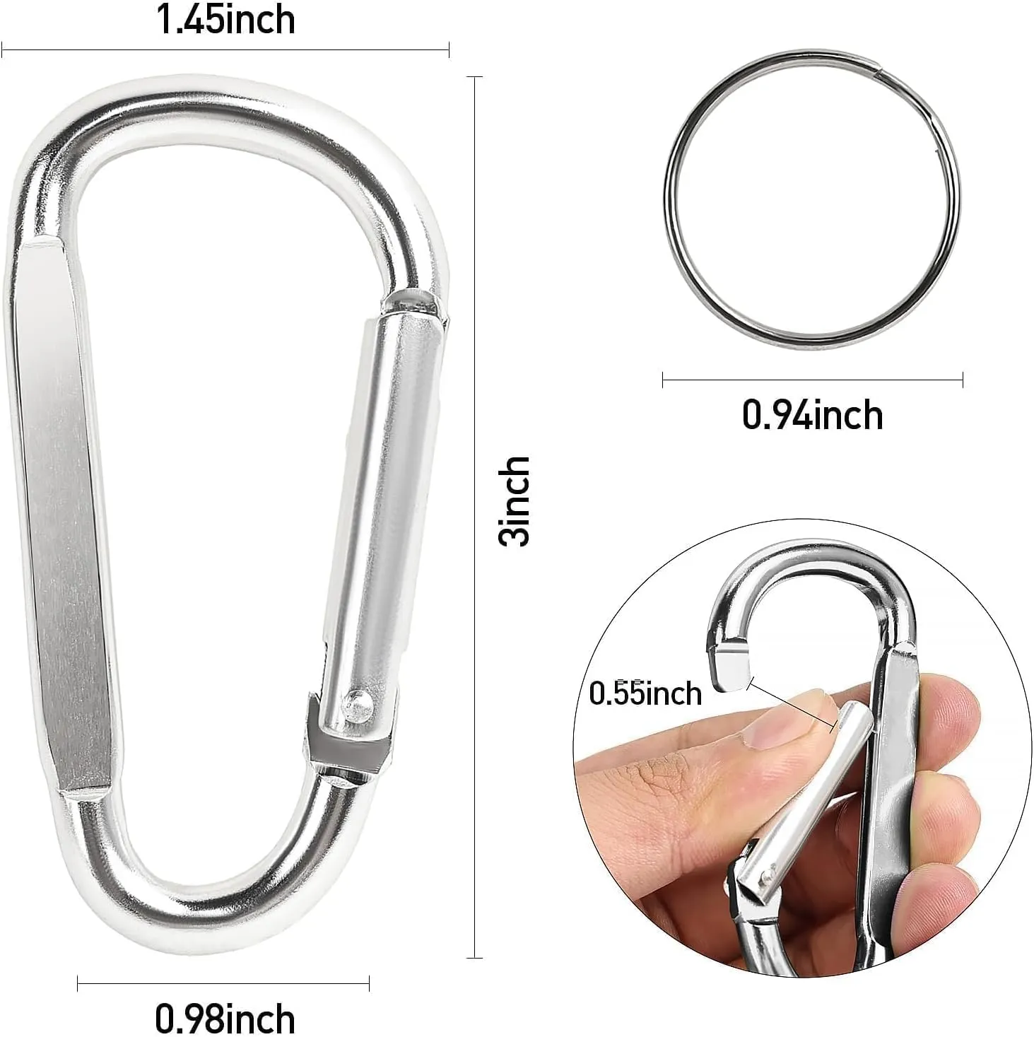 Heavy Duty Carabiner Clips, 3" Aluminum D Ring Shape Carabeaner Key Clip with Key Ring Keychain Spring Snap Hook Buckle