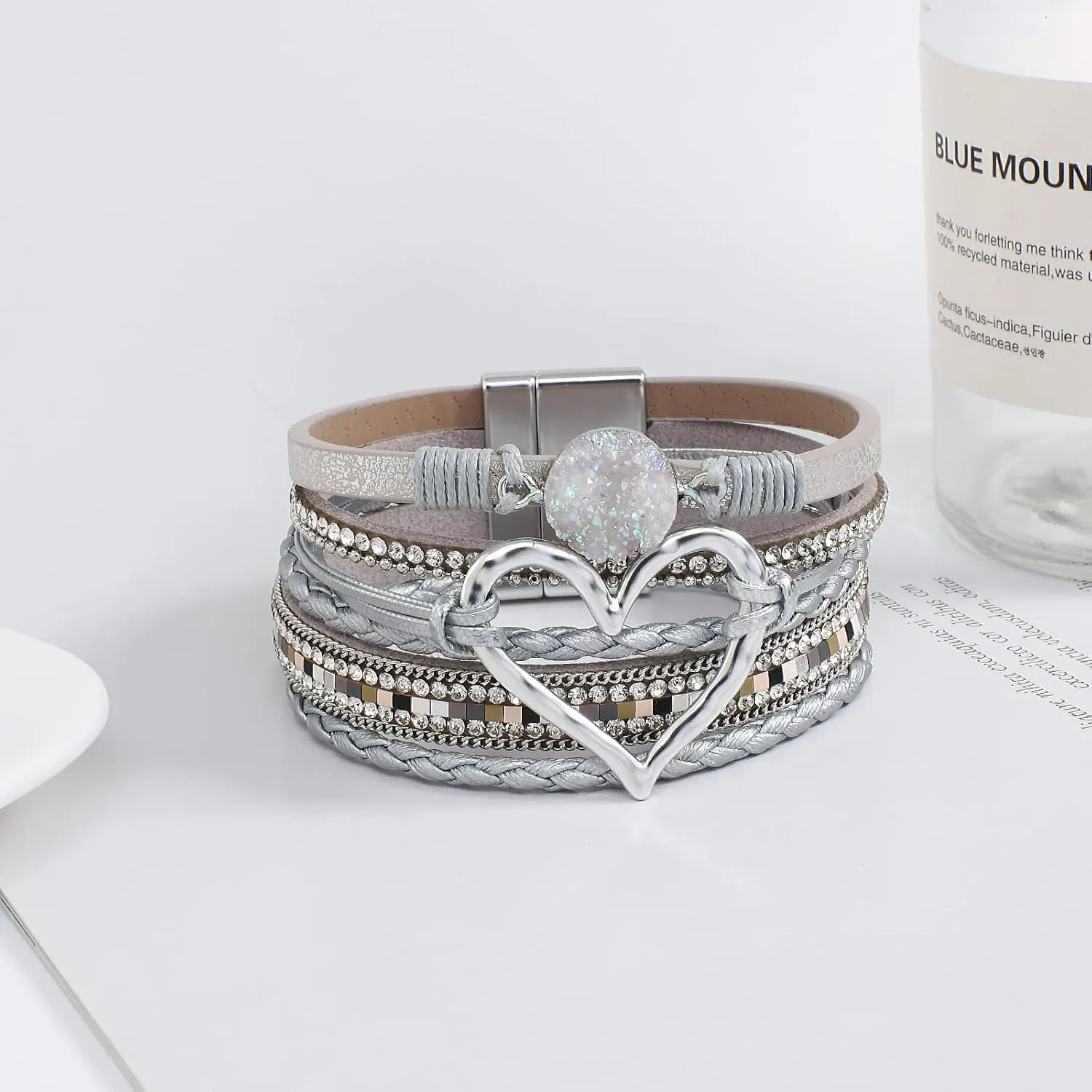 hotoo Leather Wrap Bracelet for Women Beaded Cuff Bracelet with Heart-shape Decor Bohemian Crystal Bracelet Jewelry with Clasp Bangle Bracelet for Women Girls Birthday Holiday Gift