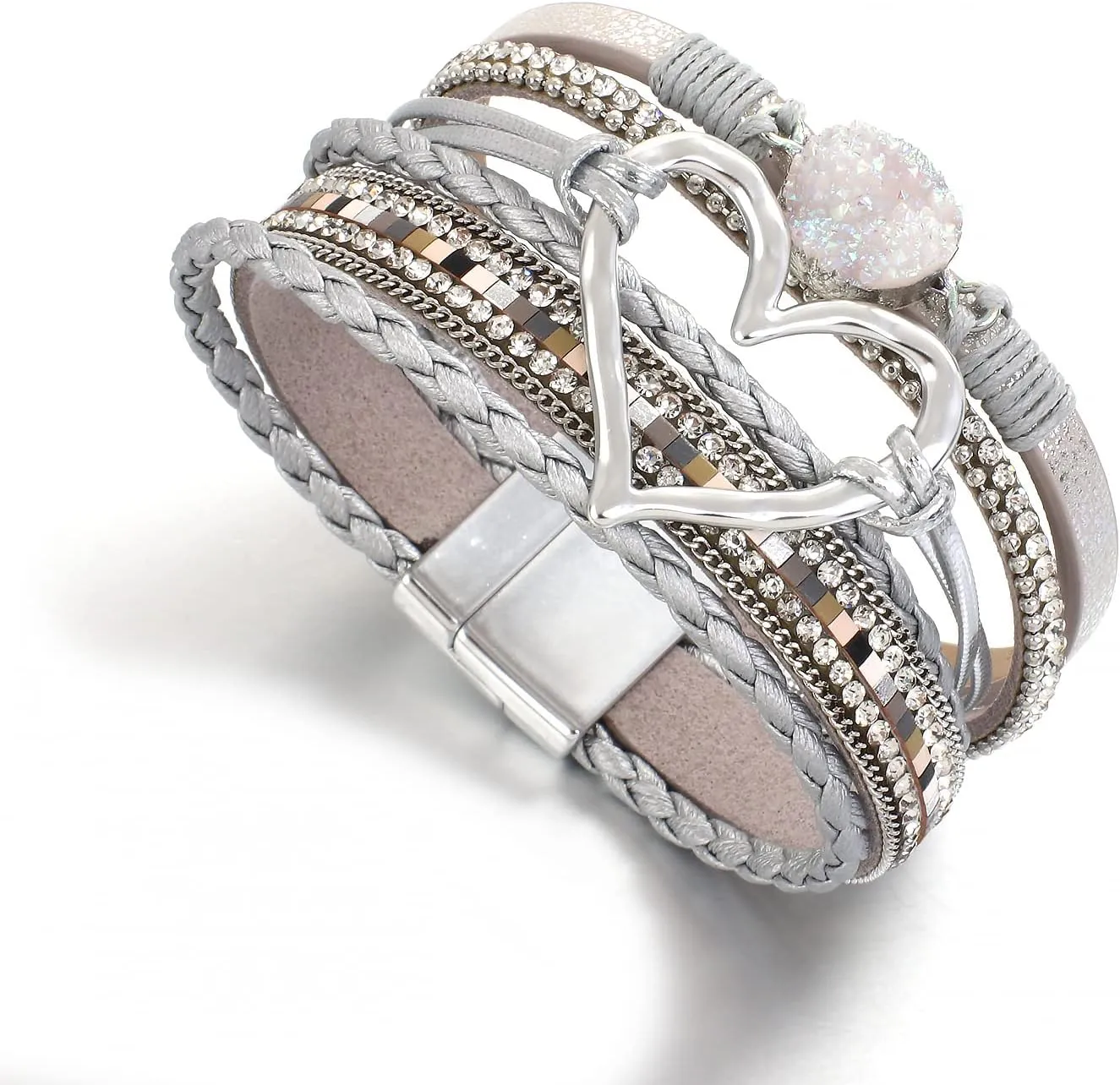 hotoo Leather Wrap Bracelet for Women Beaded Cuff Bracelet with Heart-shape Decor Bohemian Crystal Bracelet Jewelry with Clasp Bangle Bracelet for Women Girls Birthday Holiday Gift