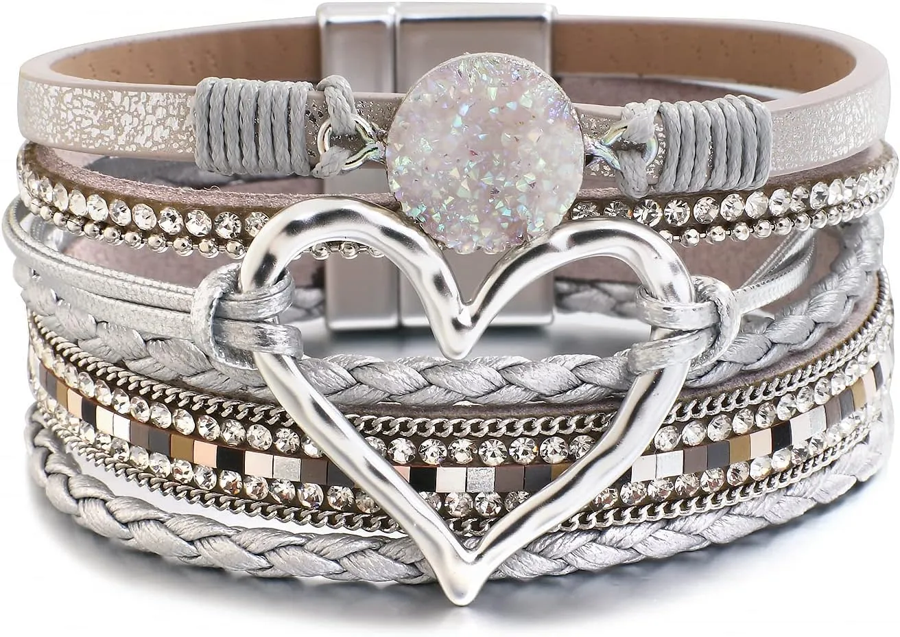hotoo Leather Wrap Bracelet for Women Beaded Cuff Bracelet with Heart-shape Decor Bohemian Crystal Bracelet Jewelry with Clasp Bangle Bracelet for Women Girls Birthday Holiday Gift