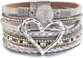 hotoo Leather Wrap Bracelet for Women Beaded Cuff Bracelet with Heart-shape Decor Bohemian Crystal Bracelet Jewelry with Clasp Bangle Bracelet for Women Girls Birthday Holiday Gift