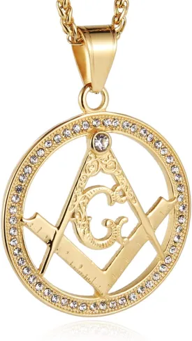 HZMAN Gold Plated Cz Inlay Masonic College Style GOLD Color Stainless Steel Pendant Necklace for Men
