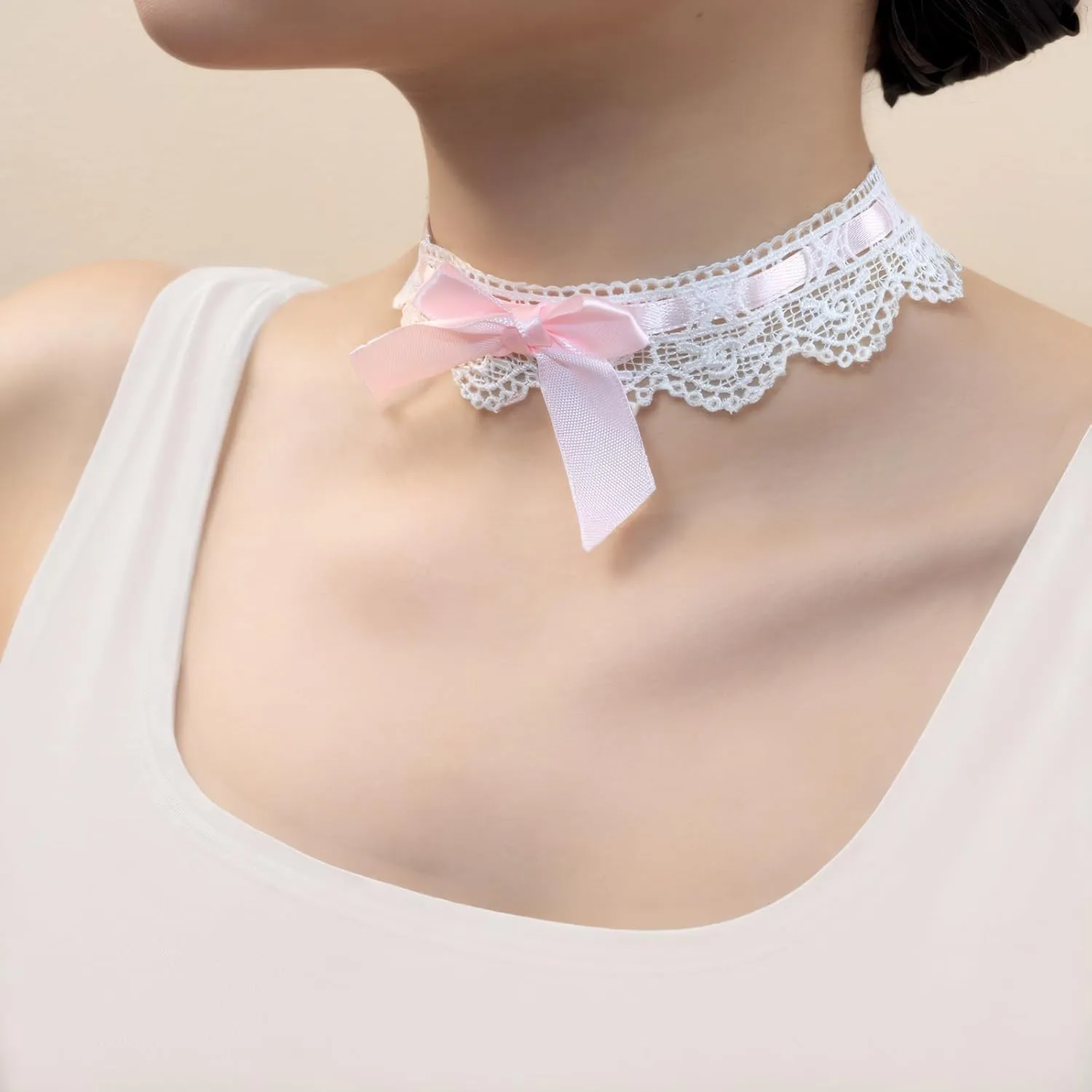 Kenfery Vintage Bow-Knot Choker Necklace Sexy Lace Collar Necklace Cute Pink Prom Party Ball Wedding Necklace for Women