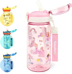Kids Water Bottle for School or Travel, 20 Oz Durable Plastic Water Bottle with Silicone Straw and Pop-Up Spout Cover, BPA Free & Dishwasher Safe(Princess)