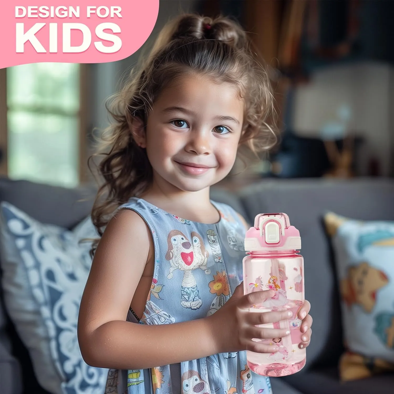 Kids Water Bottle for School or Travel, 20 Oz Durable Plastic Water Bottle with Silicone Straw and Pop-Up Spout Cover, BPA Free & Dishwasher Safe(Princess)
