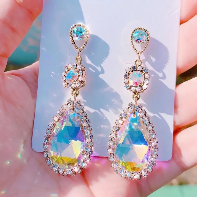 Korean Elegant Luxury Waterdrop Crystal Temperament Dangle Earrings For Women Fashion Pearl Party Boucle D'oreilles
