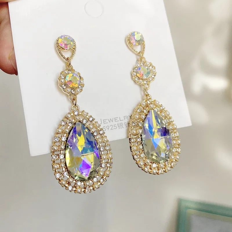 Korean Elegant Luxury Waterdrop Crystal Temperament Dangle Earrings For Women Fashion Pearl Party Boucle D'oreilles