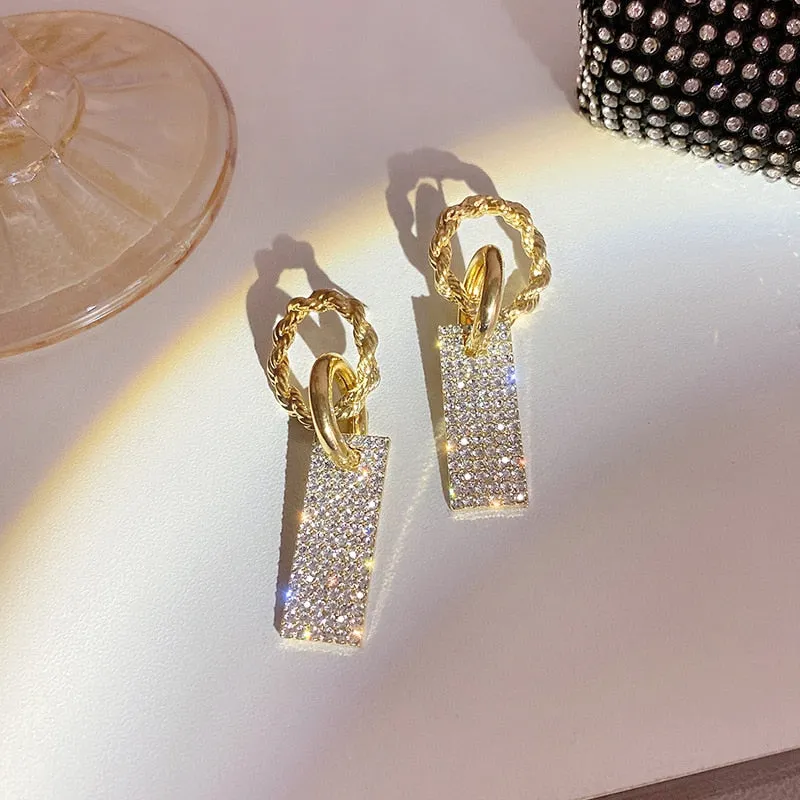 Korean Fashion Bling Bling Rhinestones Drop Earrings for Women Metallic Geometric Dangle Earrings Temperament Jewellery