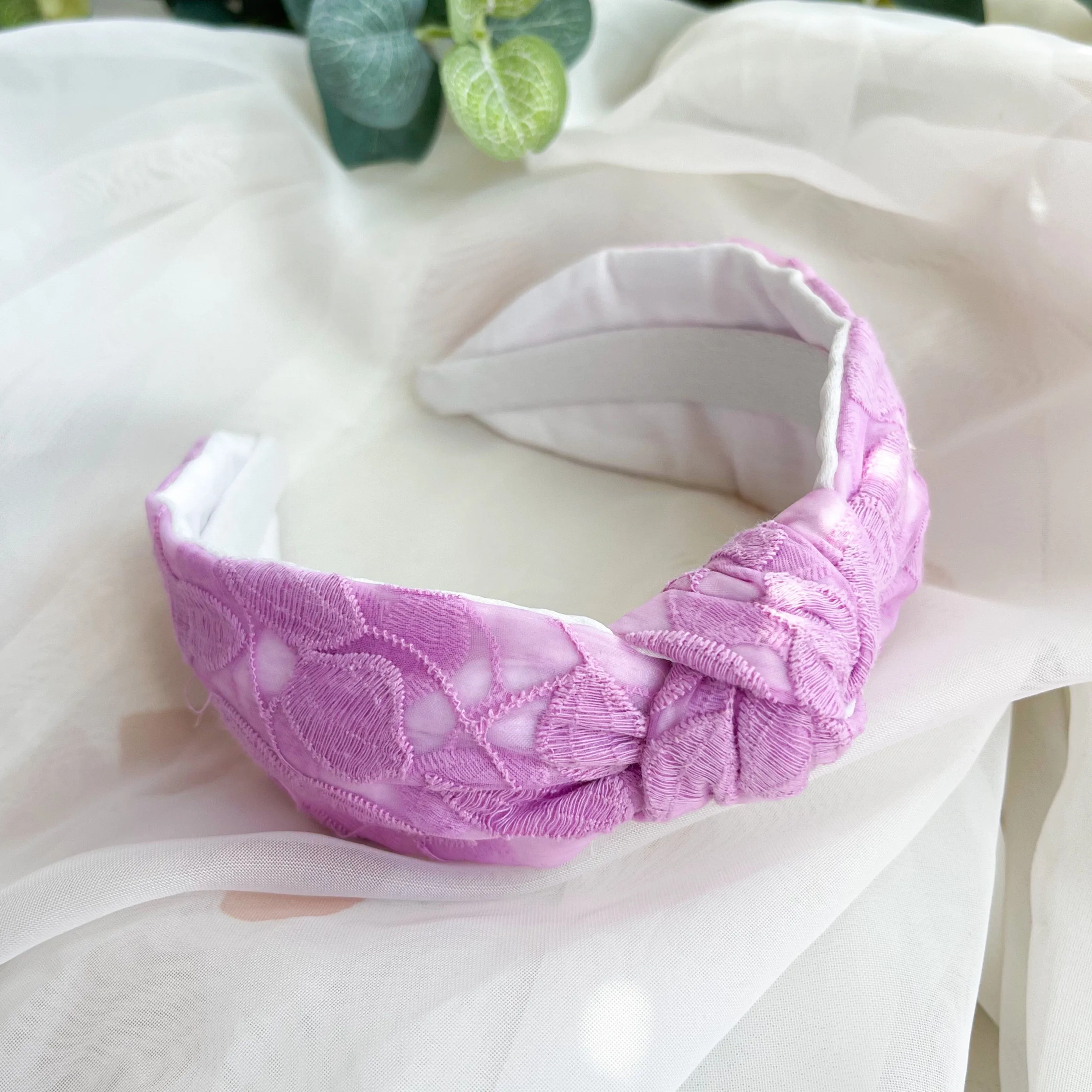Lilac Embroidered Satin Lined Knot Headband