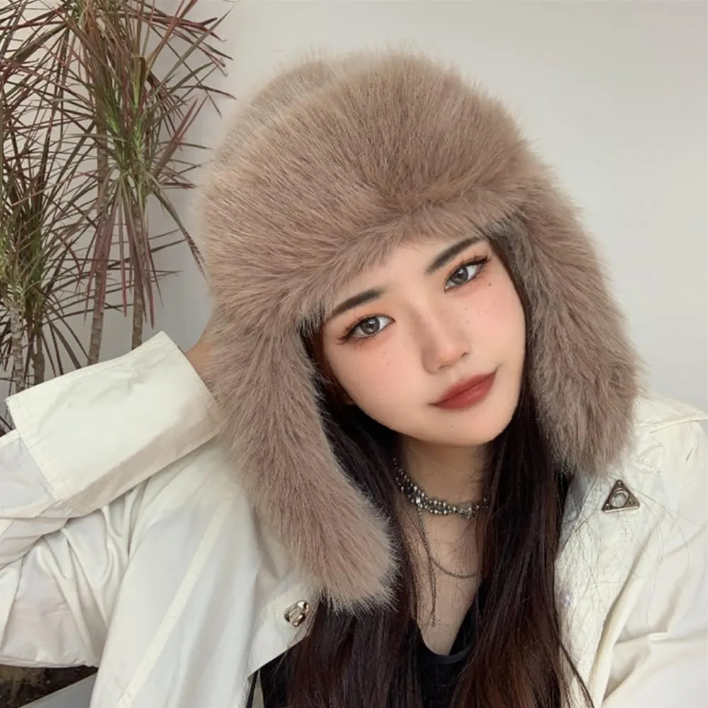 Luxurious Faux Mink Fur Ladies Trapper HatPure Color Simplistic Womens Winter HatFurry Ushanka Warm Hat