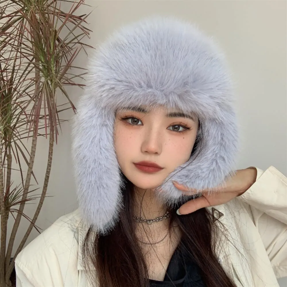 Luxurious Faux Mink Fur Ladies Trapper HatPure Color Simplistic Womens Winter HatFurry Ushanka Warm Hat