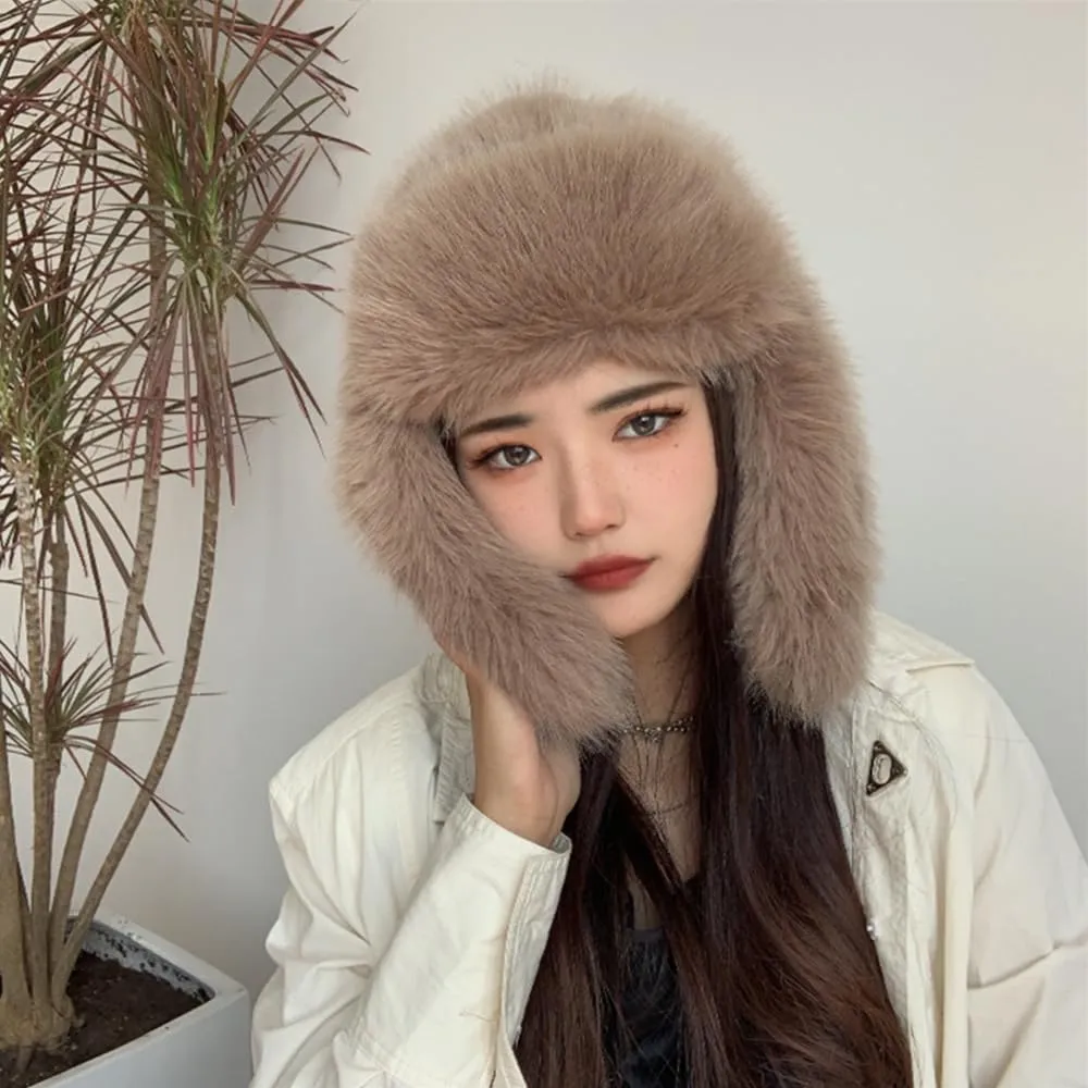 Luxurious Faux Mink Fur Ladies Trapper HatPure Color Simplistic Womens Winter HatFurry Ushanka Warm Hat