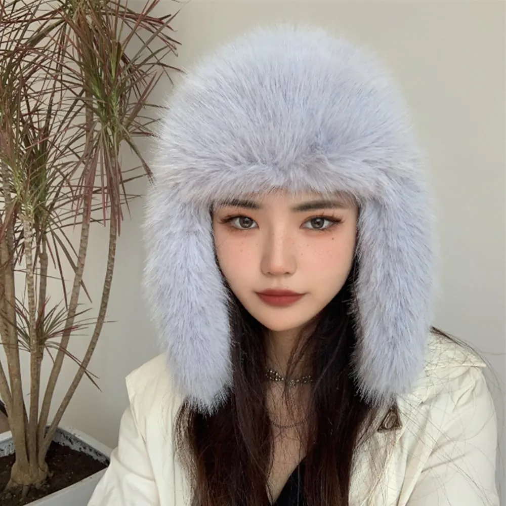 Luxurious Faux Mink Fur Ladies Trapper HatPure Color Simplistic Womens Winter HatFurry Ushanka Warm Hat