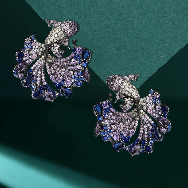 Luxury heavy-duty personality niche design earrings trendy temperament full of zircon earrings s925 silver needle goldfish earrings