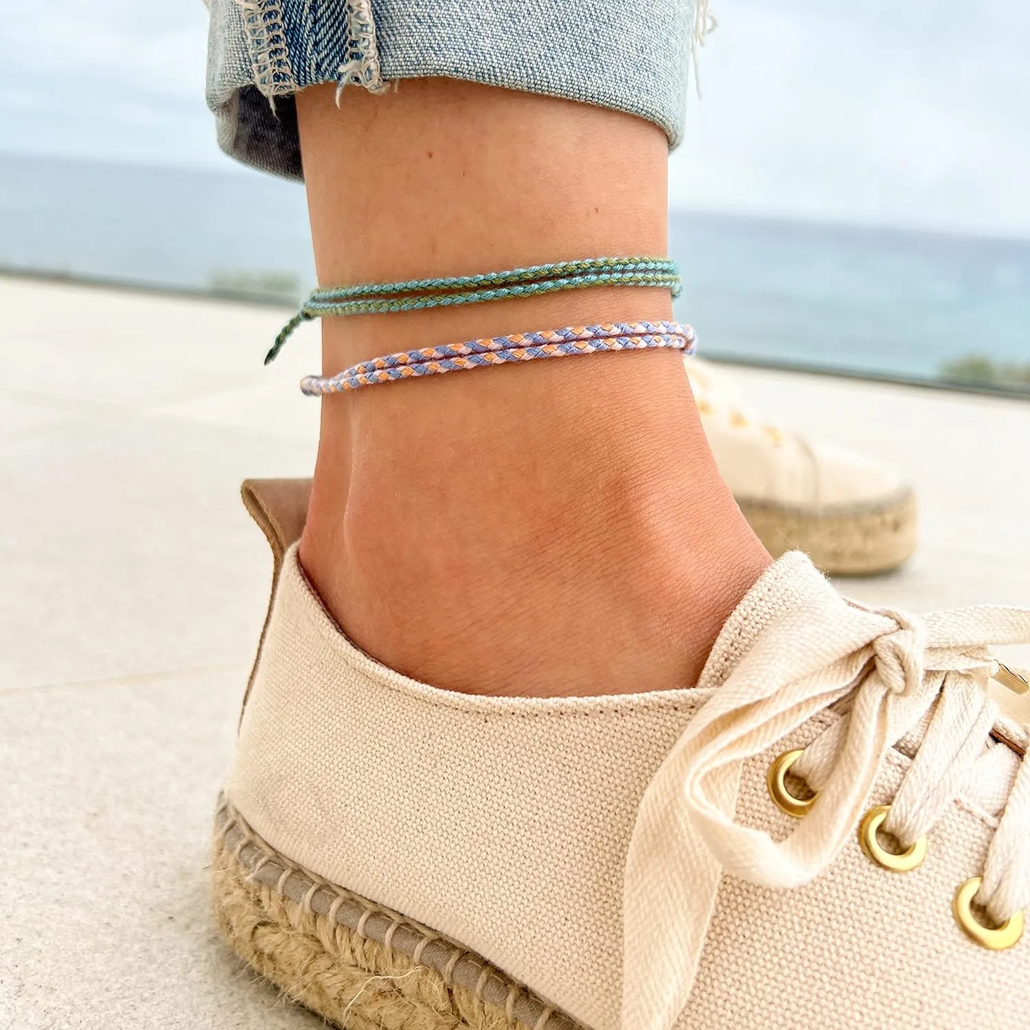 Made by Nami 2 Pcs Wave String Ankle Bracelets for Women Waterproof & Adjustable Thin Braided Anklet Surfer Boho Ankle Bracelet Set of 2 Beach Accessories (Lilac & Green)