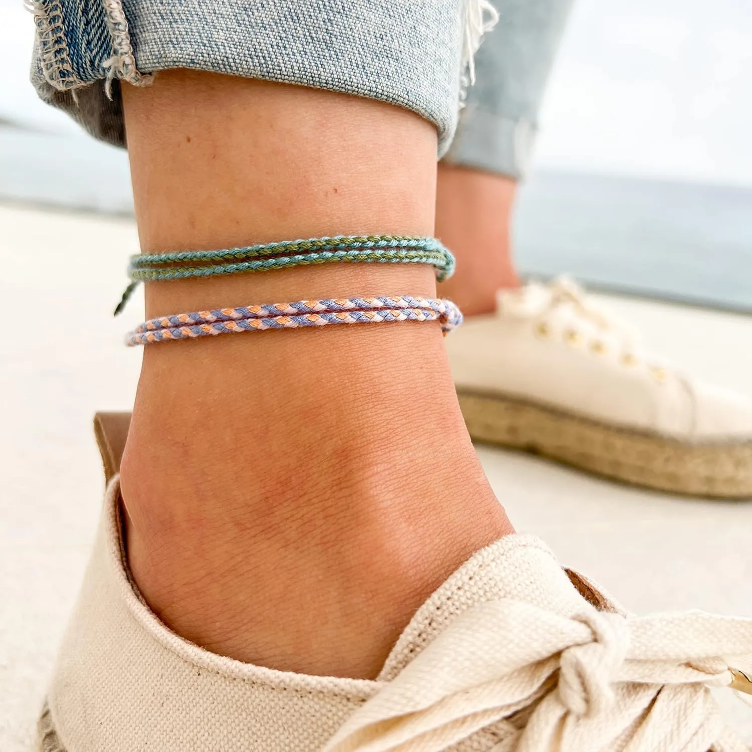 Made by Nami 2 Pcs Wave String Ankle Bracelets for Women Waterproof & Adjustable Thin Braided Anklet Surfer Boho Ankle Bracelet Set of 2 Beach Accessories (Lilac & Green)