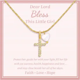 MEALGUET Delicate Cross Necklace for Girls : Gold Plated Pearl Heart Cubic Zirconia Cross Chain Necklace Christening Jewelry Baptism First Communion Confirmation Easter Gifts Teen Kids Little Girl