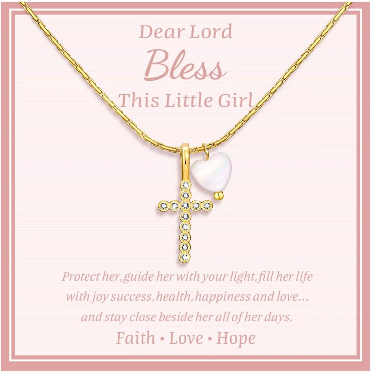 MEALGUET Delicate Cross Necklace for Girls : Gold Plated Pearl Heart Cubic Zirconia Cross Chain Necklace Christening Jewelry Baptism First Communion Confirmation Easter Gifts Teen Kids Little Girl
