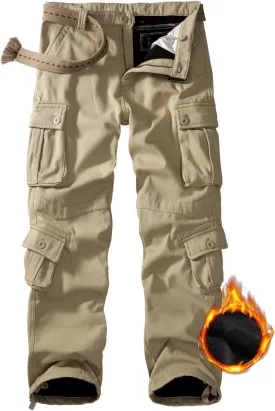 Men's Fleece Lined Hiking Pants, Winter Camo Cargo Pants Army Casual Work Ski Pants for Men with 8 Pockets No Belt