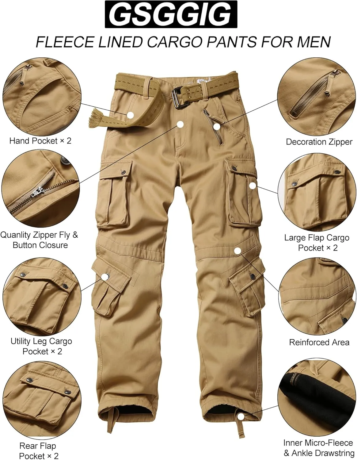 Men's Fleece Lined Hiking Pants, Winter Camo Cargo Pants Army Casual Work Ski Pants for Men with 8 Pockets No Belt