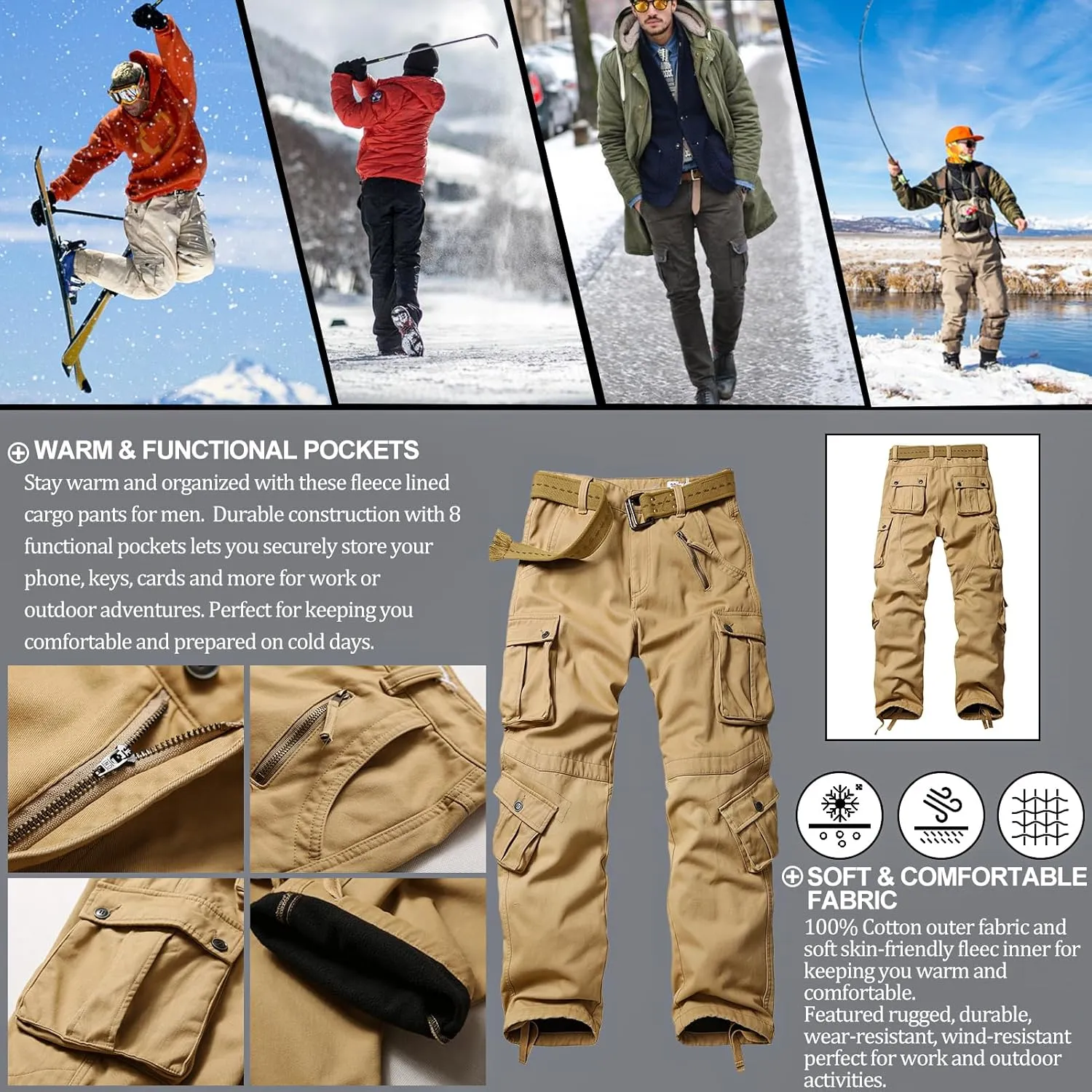 Men's Fleece Lined Hiking Pants, Winter Camo Cargo Pants Army Casual Work Ski Pants for Men with 8 Pockets No Belt