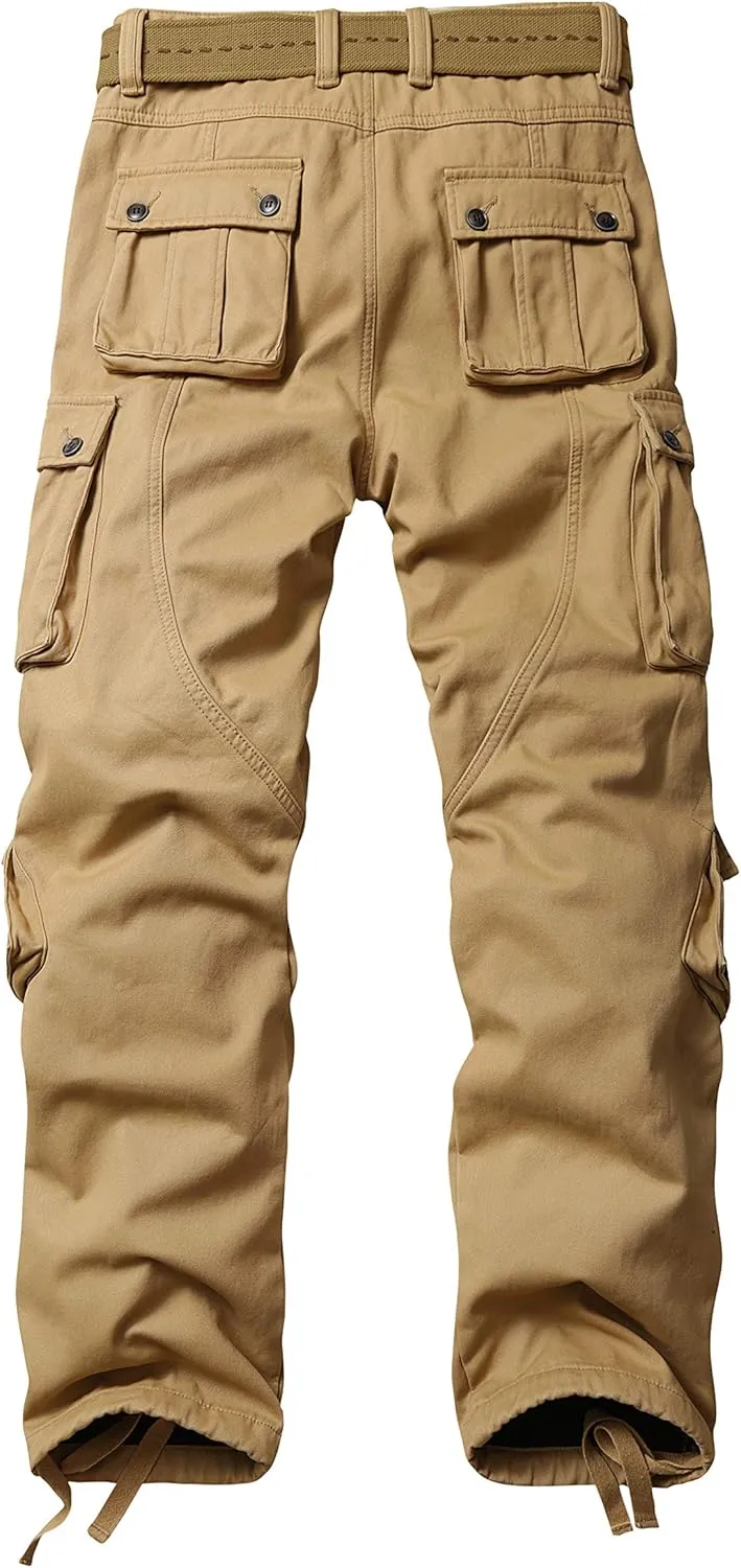 Men's Fleece Lined Hiking Pants, Winter Camo Cargo Pants Army Casual Work Ski Pants for Men with 8 Pockets No Belt