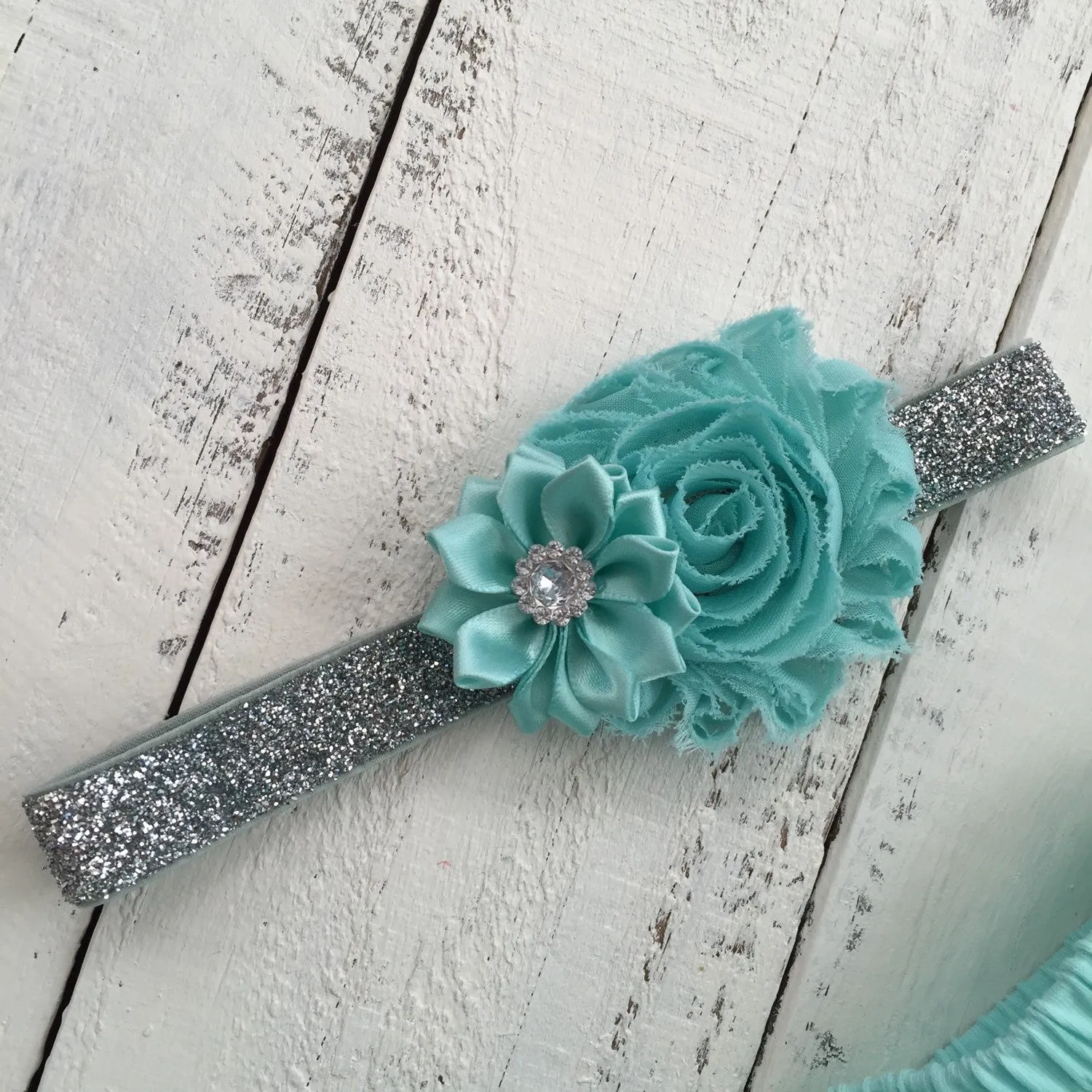 Mint/Aqua - Shabby Flower and Satin Flower Rhinestone Headband