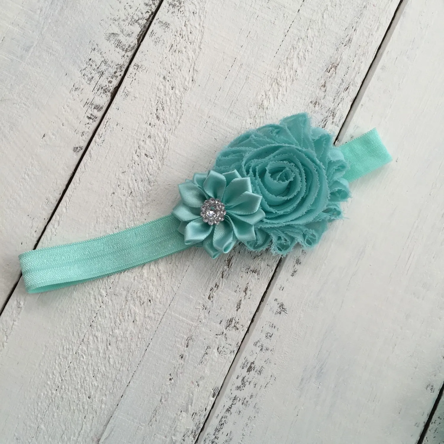 Mint/Aqua - Shabby Flower and Satin Flower Rhinestone Headband