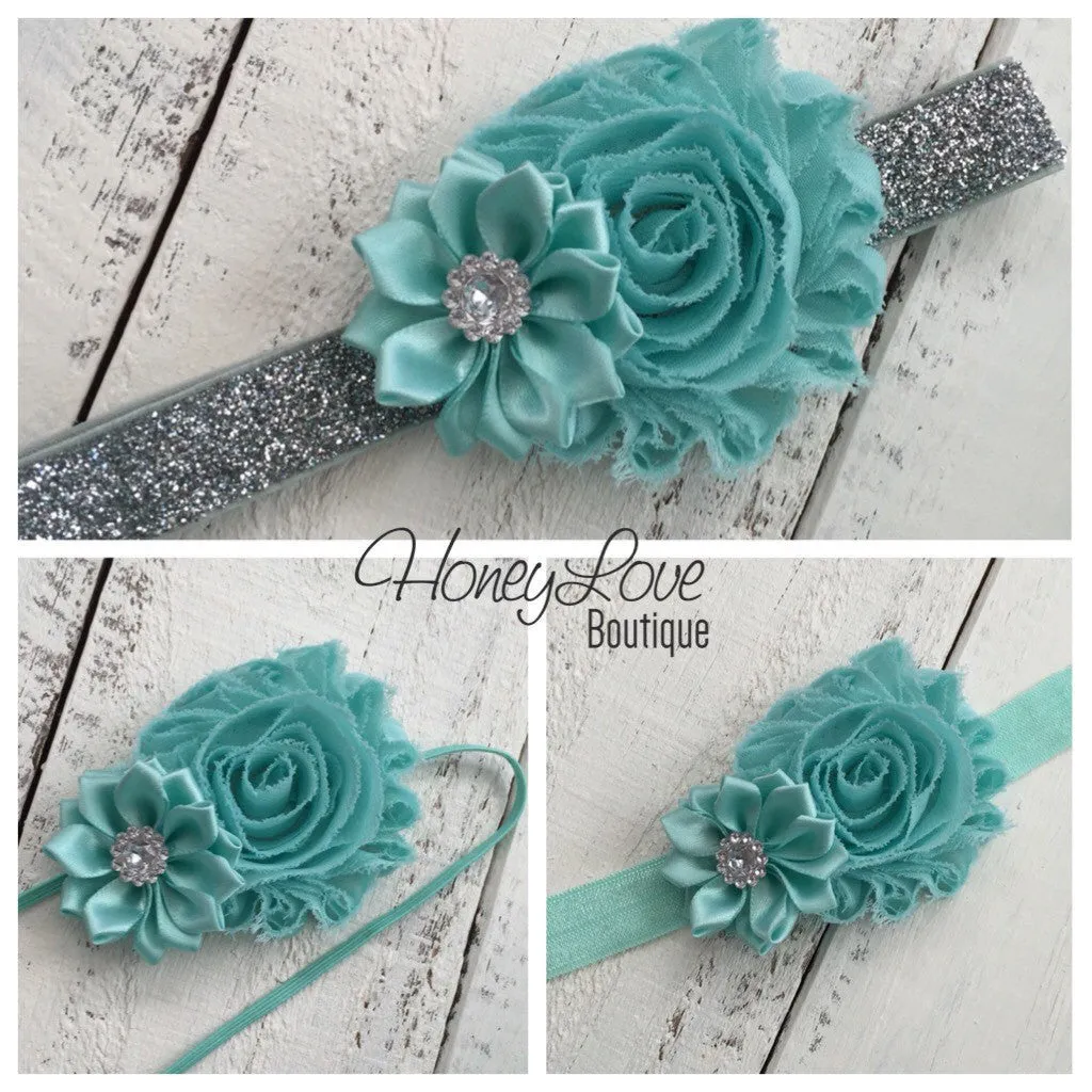 Mint/Aqua - Shabby Flower and Satin Flower Rhinestone Headband
