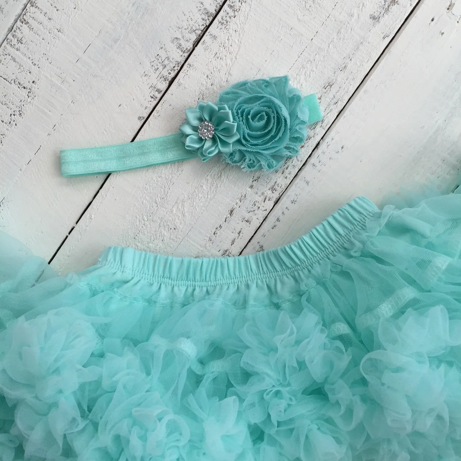 Mint/Aqua - Shabby Flower and Satin Flower Rhinestone Headband