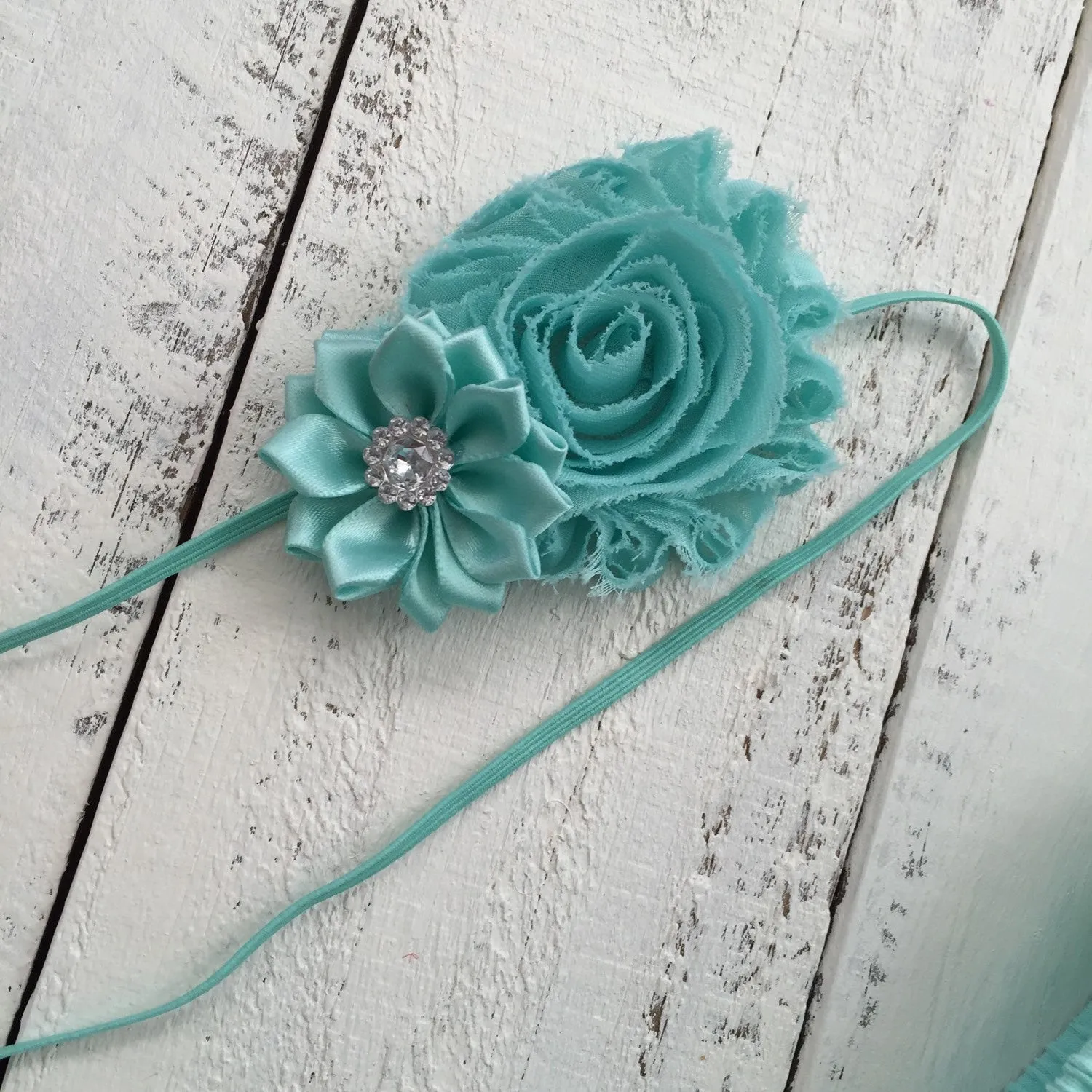 Mint/Aqua - Shabby Flower and Satin Flower Rhinestone Headband