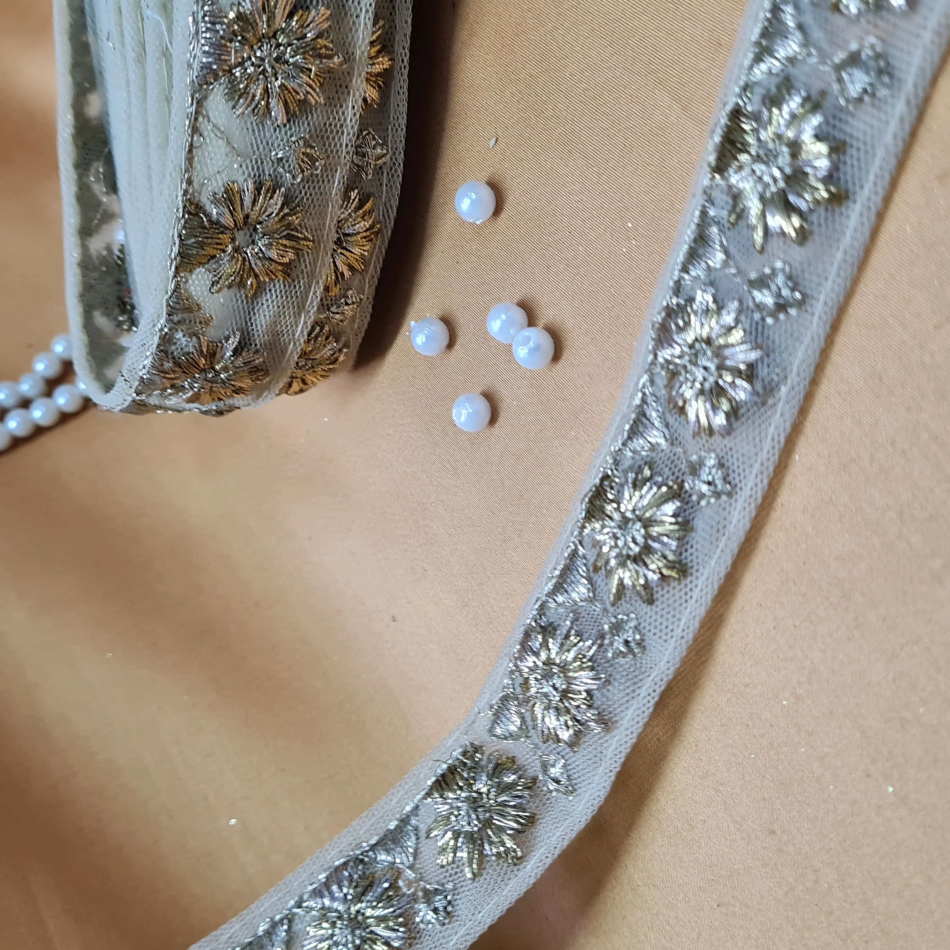 Premium Light Gold Dark Gold Floral Zari Net Lace