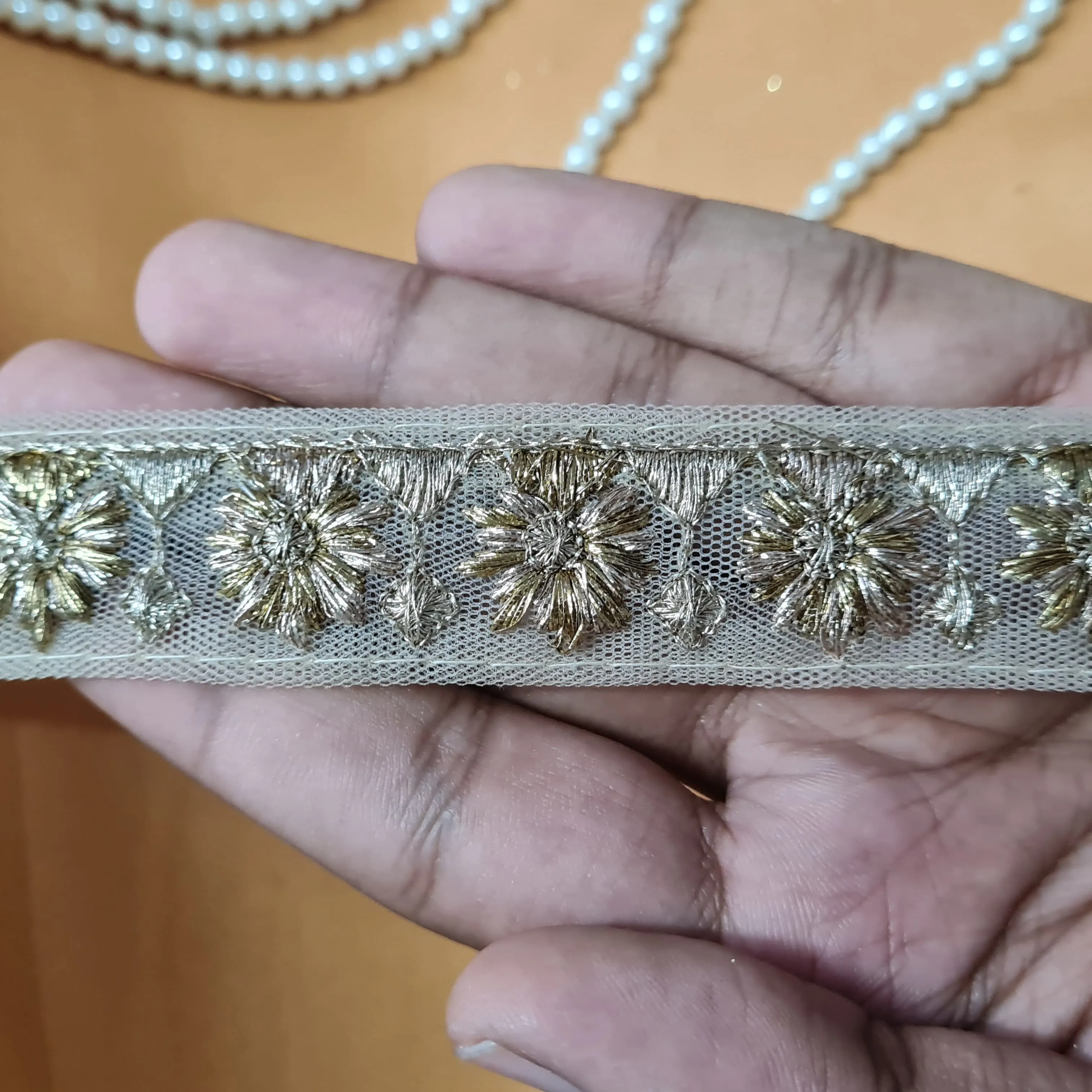 Premium Light Gold Dark Gold Floral Zari Net Lace