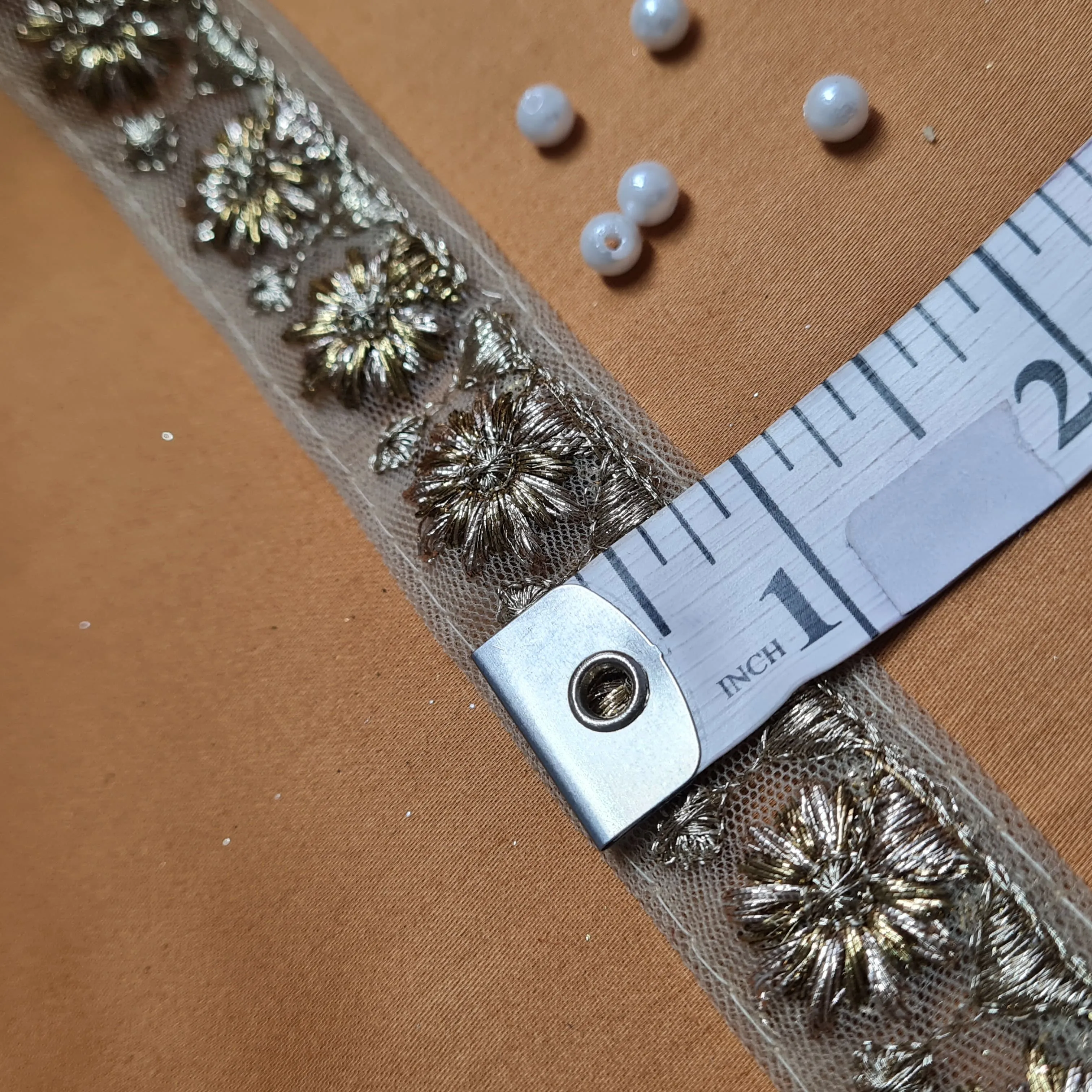 Premium Light Gold Dark Gold Floral Zari Net Lace
