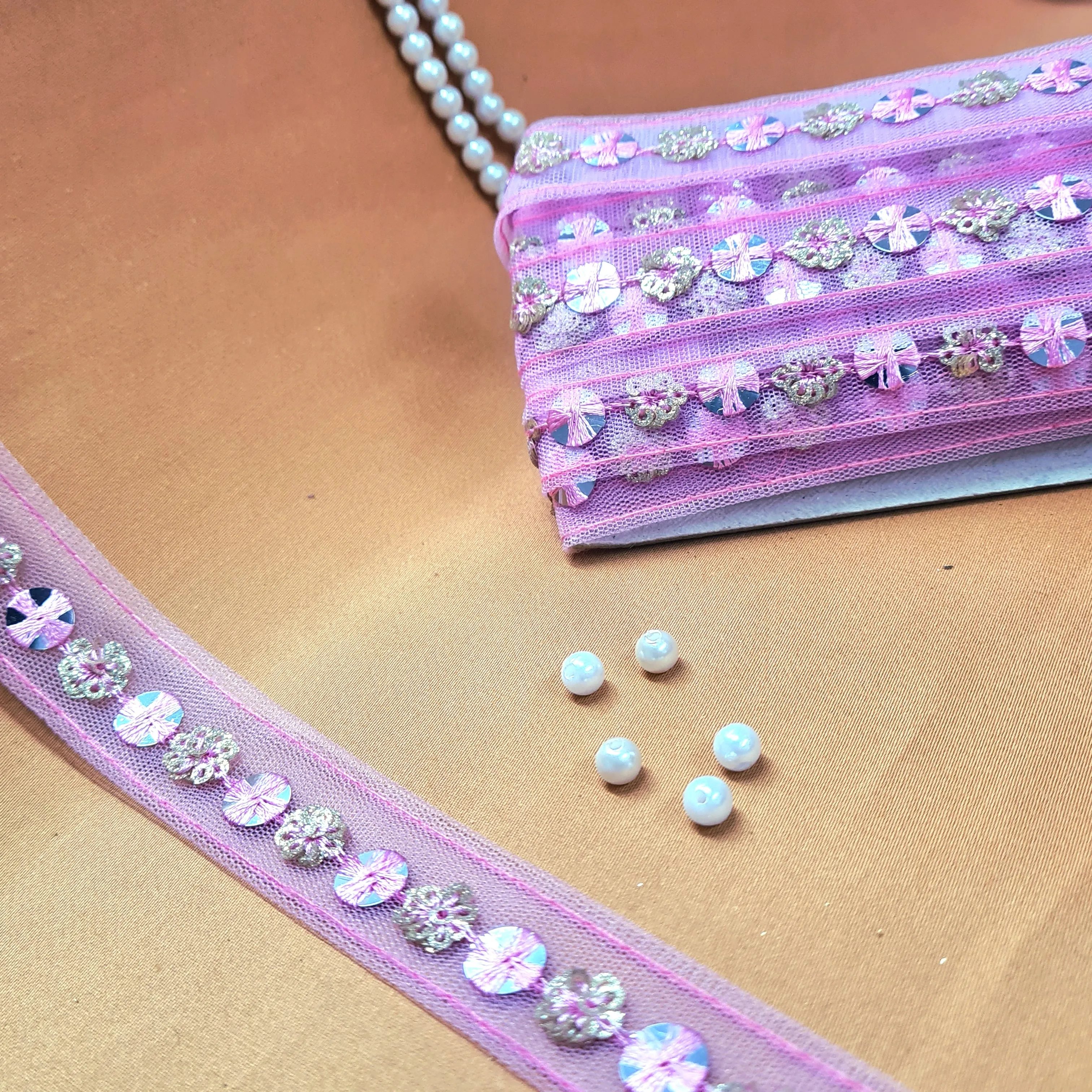 Premium Pink Sequins Net Lace