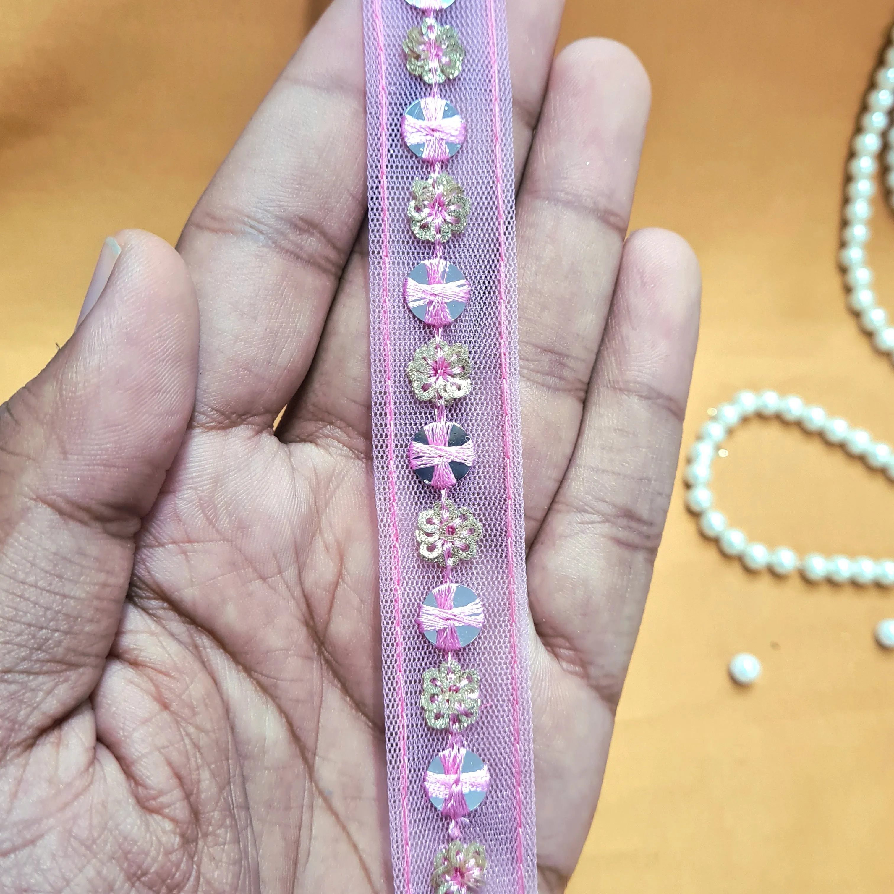 Premium Pink Sequins Net Lace