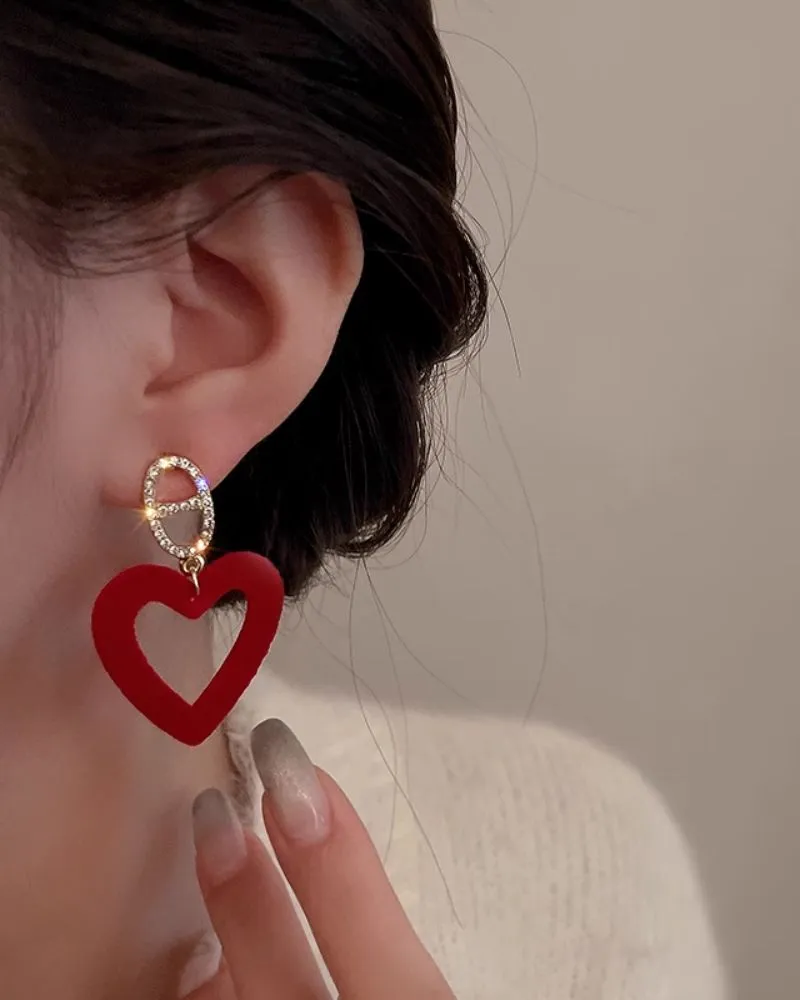 Red Love Earrings Retro Temperament Flocked Earrings