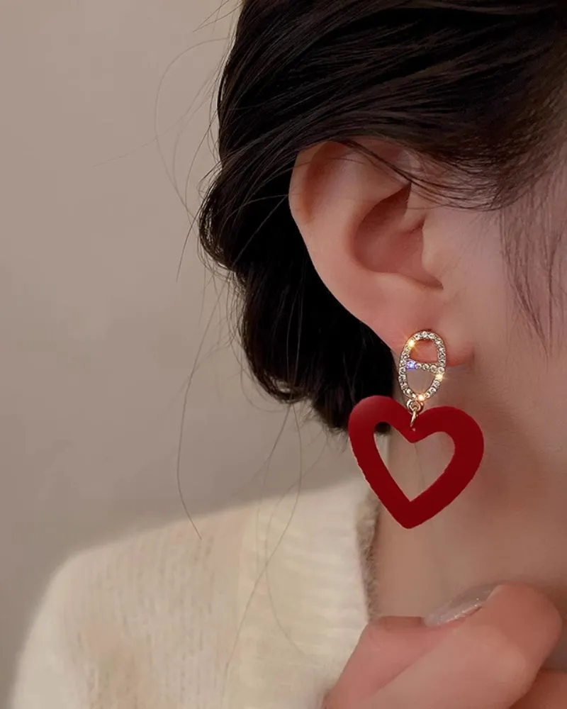 Red Love Earrings Retro Temperament Flocked Earrings