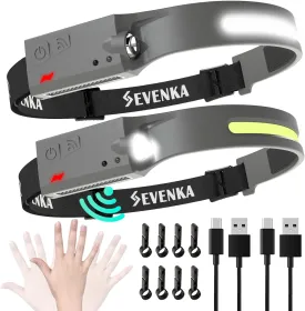 SEVENKA 2 Rechargeable Headlamps, Bright LED Headlamp Flashlight,1000 Lumen 230 Wide Beam&Spot Light, Sensor Mode, 2.4oz Lightweight Head Lamp with Clips for Hardhat, Camping, Hiking (Grey)