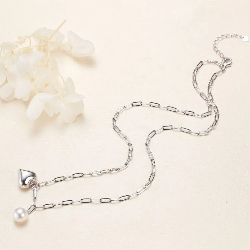 Silver Heart Pearl Pendant Necklace