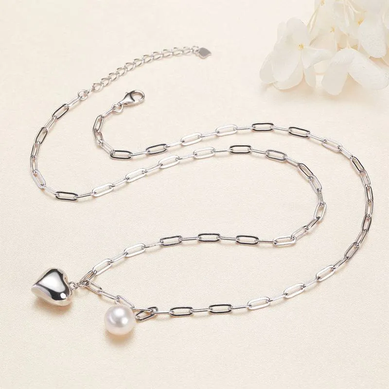 Silver Heart Pearl Pendant Necklace