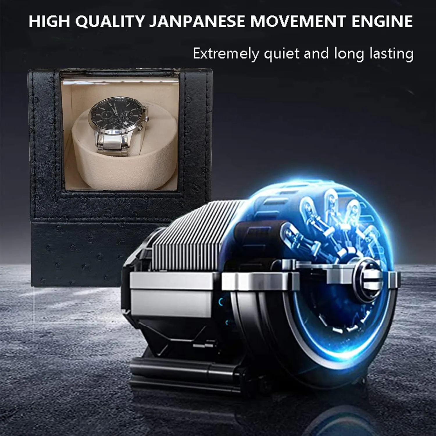 Single Watch Winder for Automatic Watches, Super Quiet, in Wood Shell and Black Leather/Carbon Fiber Leather, Japanese Motor
